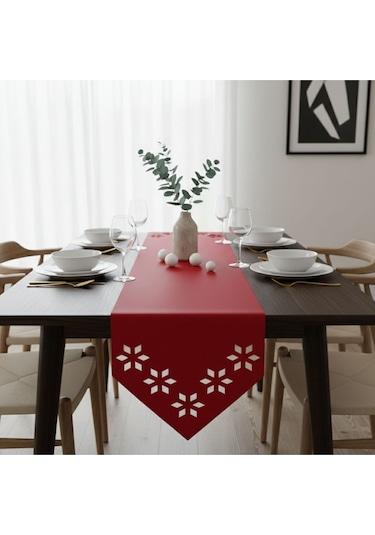 1 Adet Deri Runner-40x140 Cm-çiçek Desenli Runner Kırmızı