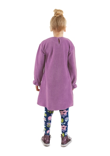 Denokids Çiçekli Kız Çocuk Lila Kadife Elbise Renkli