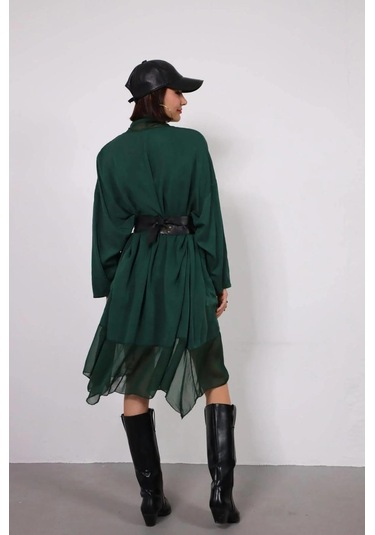 Italyan Ipek Detaylı Oversize Kaftan & Bluz-8711 Zümrüt Yeşili