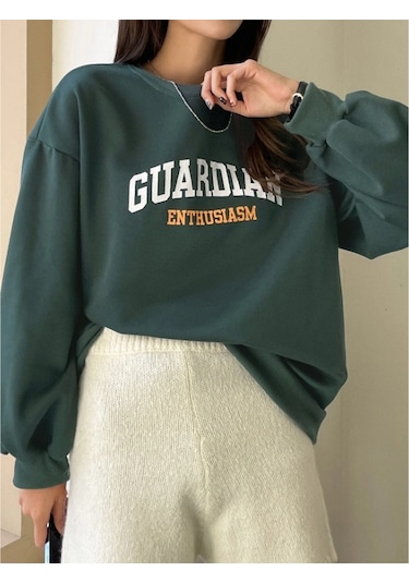 Kadın Nefti Yeşili Guardıan Baskılı Oversize Sweatshirt Nefti Yeşili