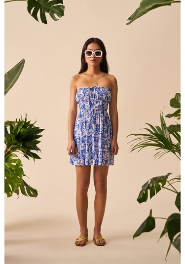 Straplez Form Mini Elbise Mavi