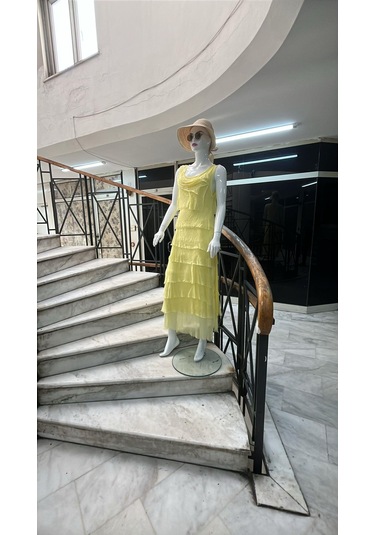 Italyan 2 Beden İnce Gösteren Kat Kat Sıfır Kol İpek Elbise-8769 Açık Sarı