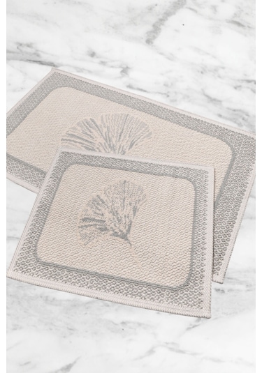 Naturel Pamuklu Kilim Yıkanabilir Banyo Paspası 2'li Klozet Takımı 60x100-50x60cm Çiçekli Bej