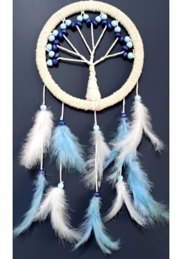 Mavi Beyaz Kuş Tüylü Hayat Ağacı Düş Kapanı Duvar Süsü