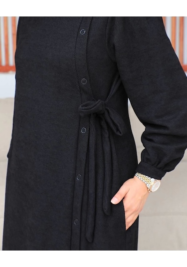 Bağlamalı Çıt Çıt Detaylı Ferace , Siyah Siyah