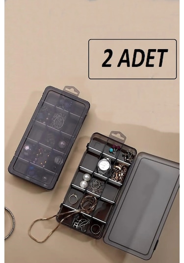 Bayev 2'li Füme Ayarlanabilir Bölmeli Düzenleyici Takı Kolye Boncuk Ilaç Küpe Yüzük Kutusu Organizer