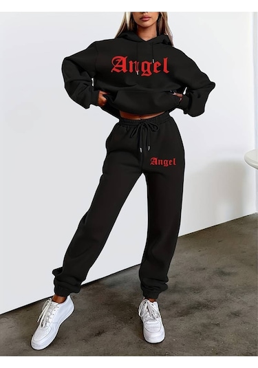 Hırsch Siyah Kadın Oversize Basic Kapüşonlu Lastikli Angel Baskılı Pamuklu Eşofman Takımı Siyah