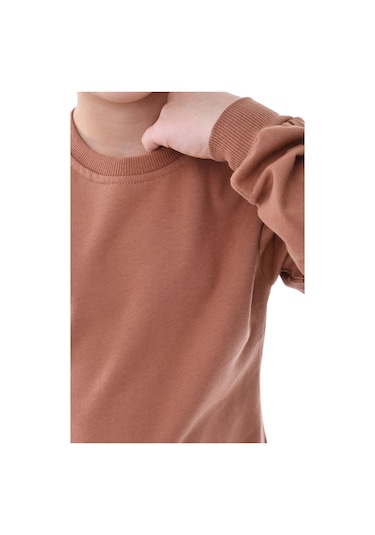 Basic Bisiklet Yaka Şardonlu Çocuk Sweatshirt 3-10 Yaş Krem Kahverengi