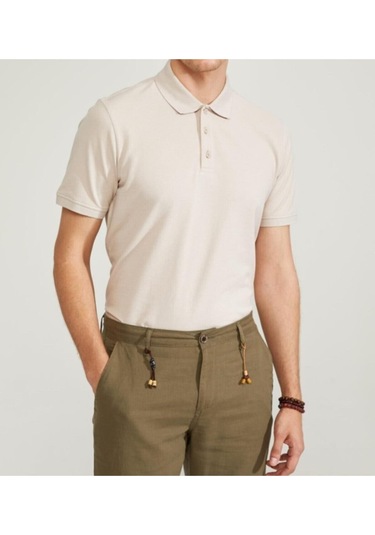 Nacar Store Erkek Mavi Polo Yaka Slimfit Basic Tshirt Krem