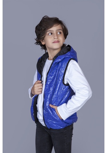 Toontoy Erkek Çocuk Kapşonlu Parlak Yelek Saks