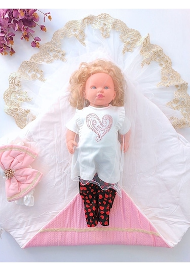 Pembe Triko Örgü Kız Bebek Batttaniyesi Kundağı Kalın Dantelli Yenidoğan Hastane Çıkışı Hediyelik Pembe