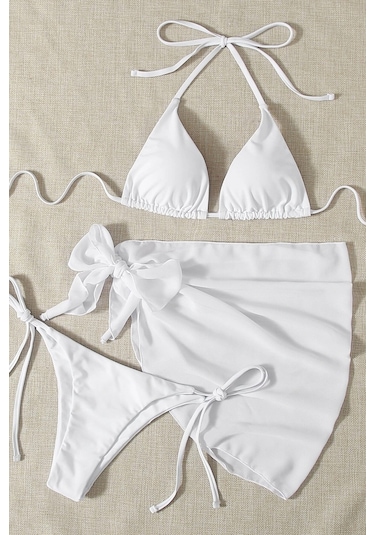 Angelsin Pareolu Bağlamalı 3'lü Bikini Takım Set Çıkartılabilir Kaplı Beyaz
