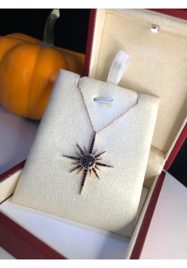 Kuzey Yıldızı Kutup Yıldızı Motifli Siyah Oniks Taşlı Gümüş Işıklı Kutuda Sevgiliye Eşe Kolye