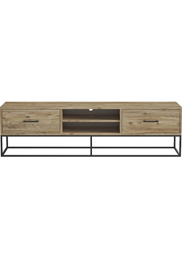 Asos 2 Çekmeceli Raflı Metal Ayaklı Tv Sehpası - Atlantik Çam Bej