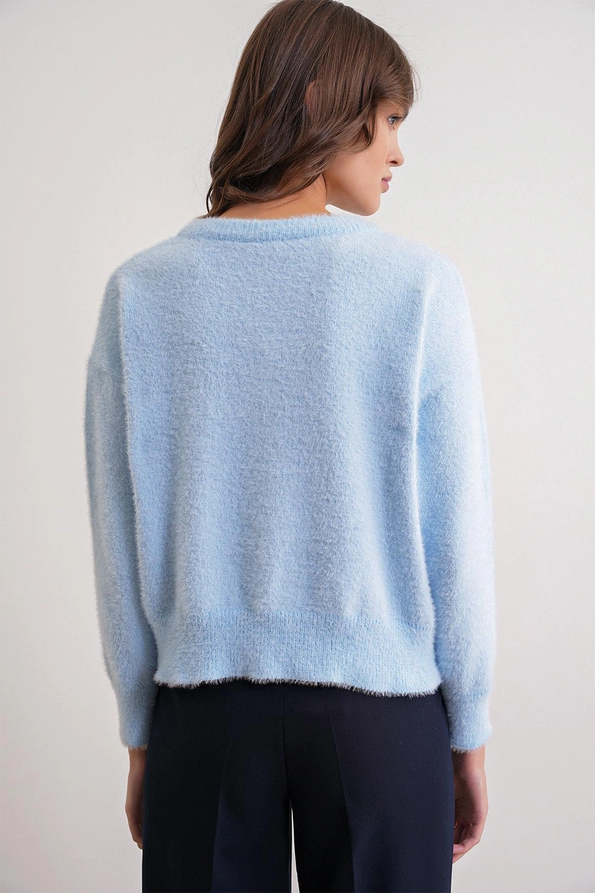 6902 Kadın Sakallı Basic Yumuşak Dokulu Triko Hırka Bebe Mavi Bebe Mavi