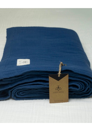 4 Katlı Müslin Yatak Örtüsü - Battaniye Pike %100 Organik Pamuk Dört Mevsim Yumuşak Gots Sertifikalı Lacivert