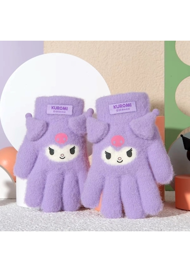 Petityu Kuromi Mor Örme Yün Kulak Detaylı 3-7 Yaş Eldiven Mor