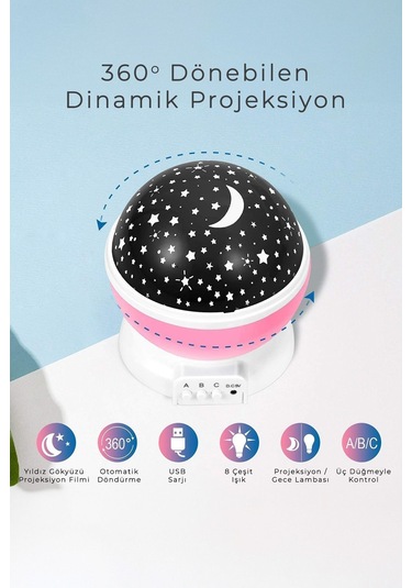 Kamp-çadır Çocuk Odası Pilli Usbli Yıldız Gökyüzü Projeksiyonlu Star Master Gece Lambas Mor