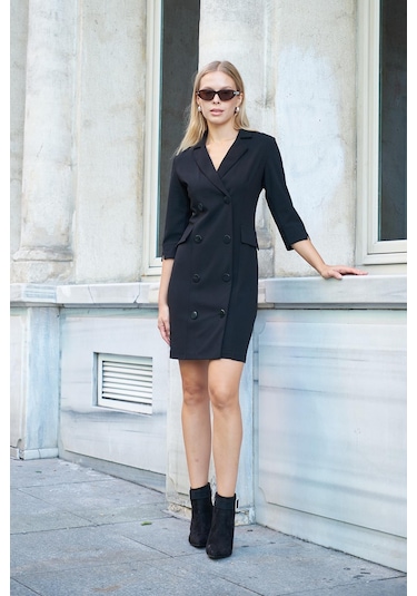 Sırt Dekolteli Anvelop Ceket Elbise Siyah