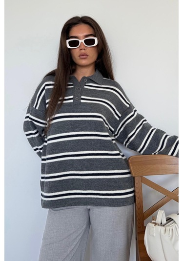 Antrasit Polo Yaka Çizgili Kadın Triko Kazak Mg2469 Antrasit