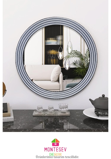 Zümrüt Ahşap Gümüş Yuvarlak Ayna Işlemeli Duvar Banyo Aynası 69cm Gümüş