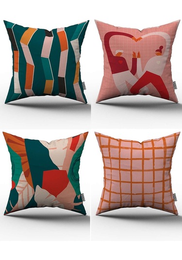 Pembe Krem Soyut Dekoratif Desenli 4'lü Dijital Baskılı Kırlent Kılıfı Seti - 4kmbs048