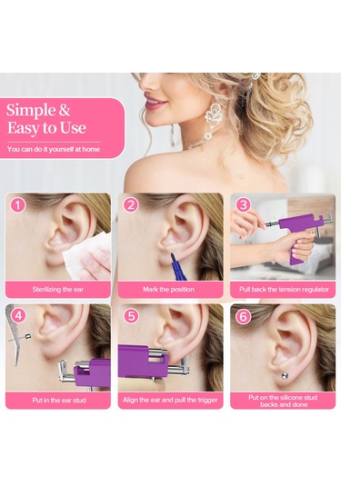 Qingmipy Profesyonel Kulak Delme Seti Mor - Güvenli Ve Kolay Kullanım, 1 Kulak Delme Aleti + Ayna Kutusu + İşaret Kalemi + 138 Adet Pırlanta Ve Silikon Tıkamaçlar