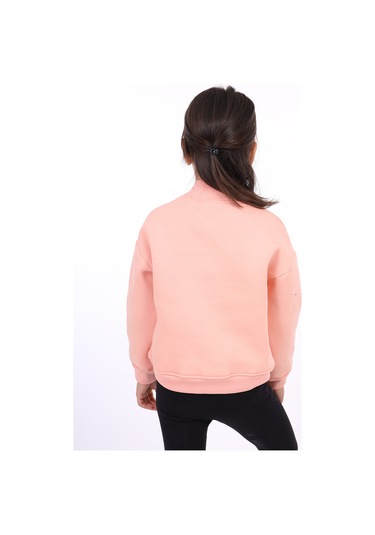 Kız Çocuk Relax Fit Dik Yaka Düşük Omuz Nakış Baskılı Sweatshirt - 3 İplik Şardonlu Somon