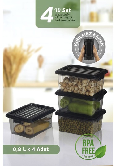 4'lü Set - 800ml Kilit Kapaklı Erzak Saklama Kabı Difriz Buzdolabı Düzenleyici Saklama Kutusu Siyah Siyah
