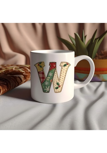 W Harfi Yılbaşı Temalı Kupa Bardak - Yeni Yıl Konsept Yamalı Efekt Tasarım - Noel Hediye Beyaz