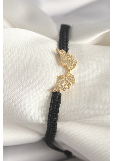 Pirinç Gold Renk Zirkon Taşlı Kanat Figür Asansörlü Makrome Model Kadın Bileklik Siyah