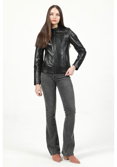 Dericlub Yb-2156 Gerçek Deri Kadın Mont Siyah