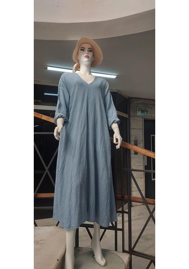 İtalyan V Yaka Uzun Kol Keten Elbise-8907 Kot Mavisi Mavi