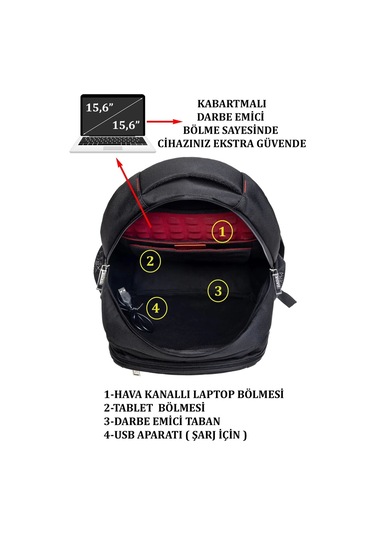 Siyah Sportif Darbe Emici Su Geçirmez 14-16 İnç Laptop Sırt Çantası Renkli Çok Renkli