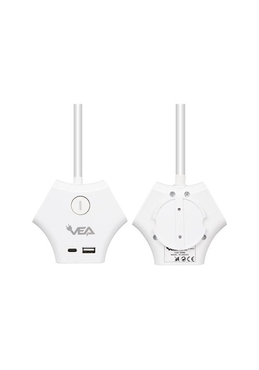Vea 2 Adet Usb 1 Adet Type-c Girişli 3680 Watt 16 Amper 1.5 Metre Kablolu Anahtarlı Çoklu Priz Golyat Fiş