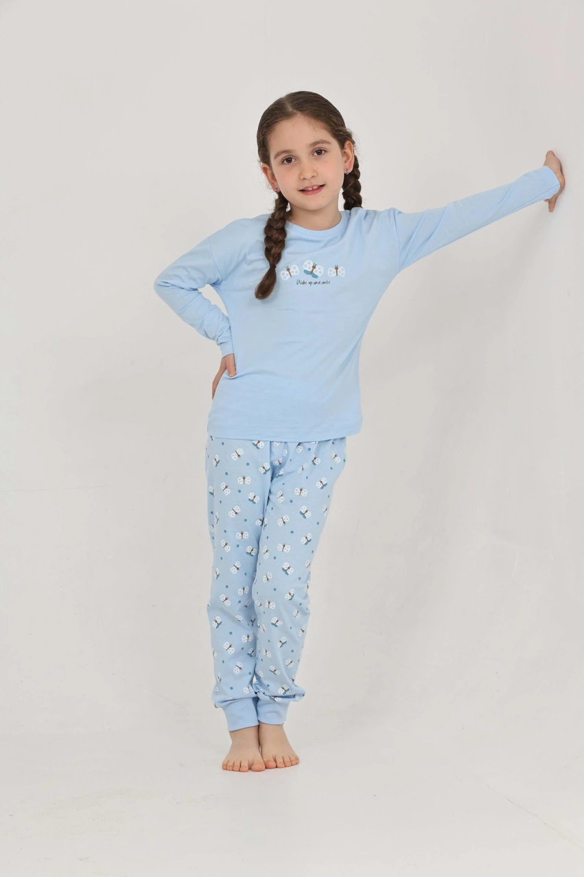 Toontoy Kız Çocuk Kelebek Baskılı Pijama Takım Mavi