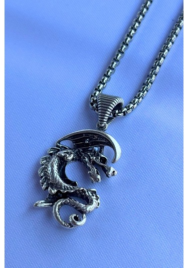 Ejderhalı El İşçiliği Paslanmaz Çelik Zincir Erkek Kolye Gümüş