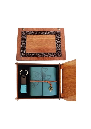 Ahşap Kutulu Mavi Deri Defter Ve Anahtarlık Set 1 Adet