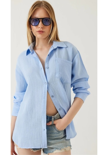 Kadın Oversize Basic Cepli Müslin Gömlek Mavi