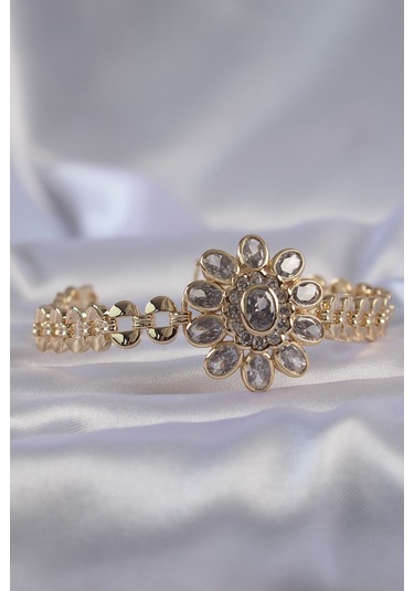 Ezoconcept Pirinç Gold Renk İri Zirkon Taşlı Çiçek Figürlü Bileklik