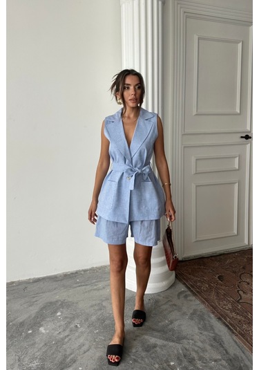 Sensuelle Keten Yelek - Şort Takım - Mavi Mavi