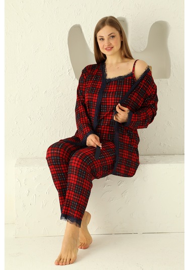 Sabahlıklı Dantel Detaylı Pegasus Kadın Pijama Takımı-çeyizlik Takım- Geniş Beden Aralığı Kırmızı