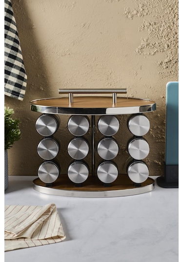 Ahşap Döner Standlı Oval Cam Metal Kapaklı Casa Wood 12 Li Standlı Baharatlık Düzenleyici Ahşap - Gri