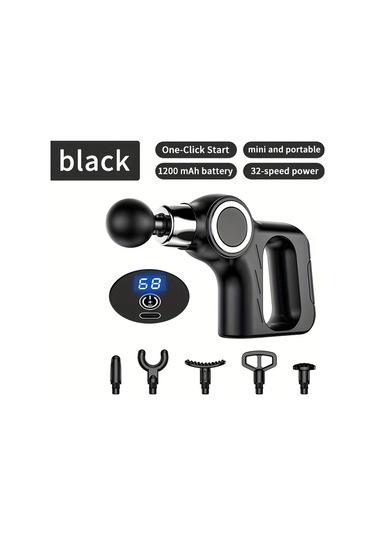 Elmpaly Siyah Akıllı Masaj Tabancası - 6 Başlıklı Usb Şarjlı Ergonomik Bel Bacak Kalça siyah