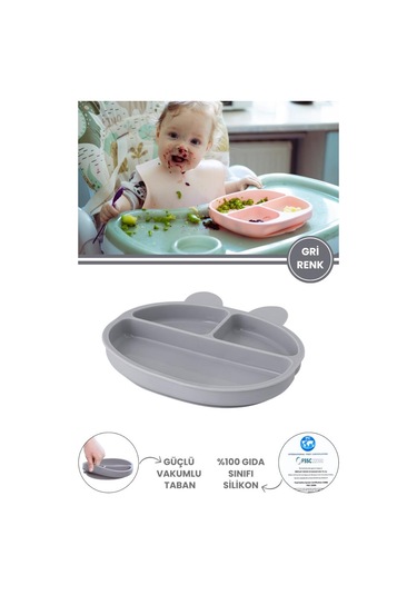 Silicolife 3 Gözlü Silikon Mama Tabağı, Vakum Tabanlı Bebek Çocuk Porsiyon Tabak Gıda Sertifikalı Gri