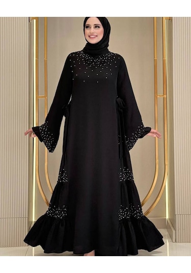 Taş İşleme Detaylı Sparklin Kumaş Abiye Elbise Siyah
