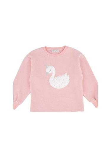 Kız Çocuk Kuğu Desenli Peluş Sweatshirt-13510 Pudra
