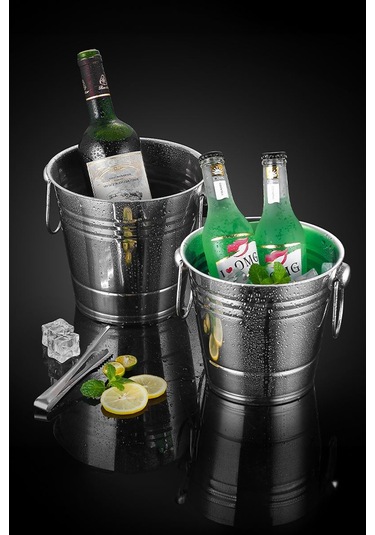 Çelik Şampanya Kovası 6 L Kulplu Buz Kovası Buzluk Cin921 Gri
