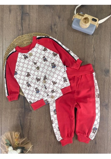 Panda Baskılı Relaxed Eşofman Takımı Kırmızı