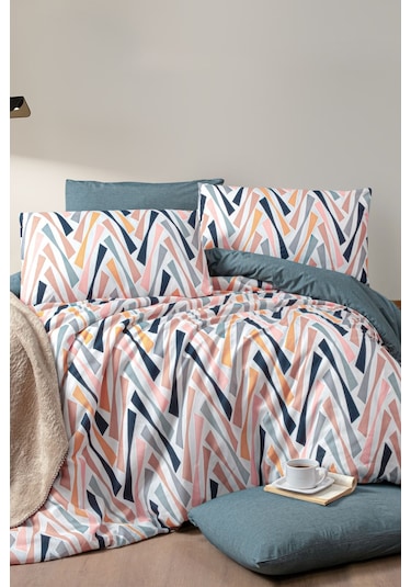 Lastikli Çarşaflı Tek Kişilik Nevresim Takımı Shap Petrol Yeşili - Somon